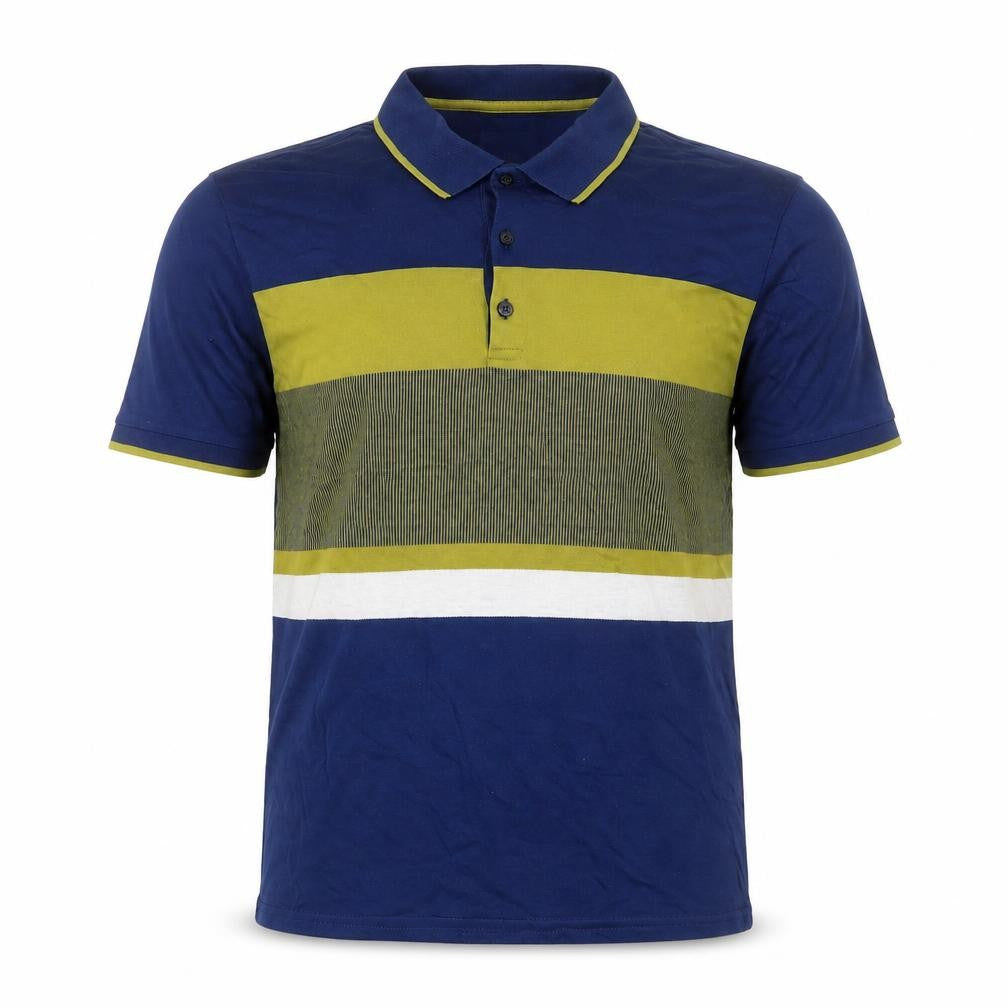 Front view of Limited Edition men’s blue striped cotton polo, size M, collared button