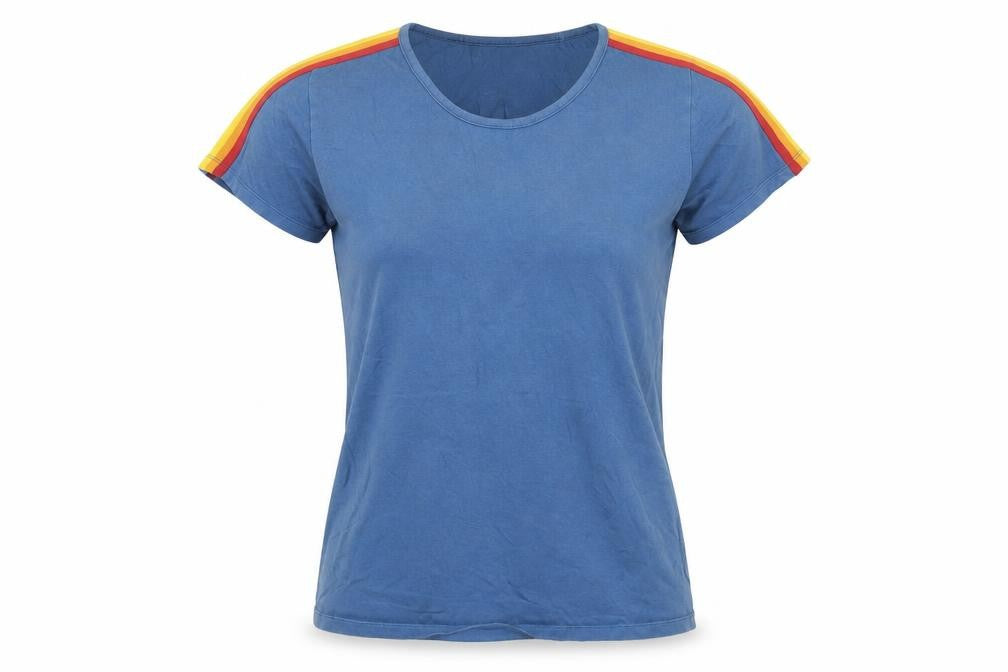 Front view of Howies women’s blue striped cotton basic t-shirt, size XS, crew neck