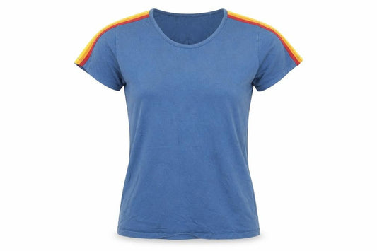 Front view of Howies women’s blue striped cotton basic t-shirt, size XS, crew neck