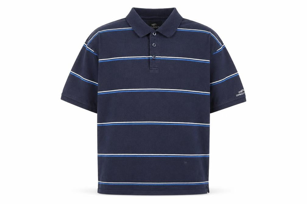 Front view of Cypress Point men’s blue striped cotton polo, size L, collared button