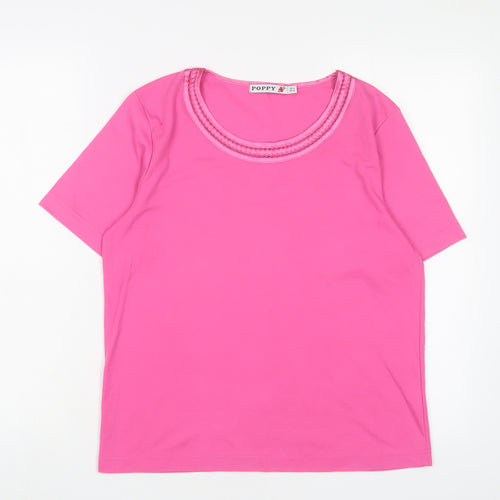Poppy Womens Pink Cotton Basic T-Shirt Size 12 V-Neck - Embroidered