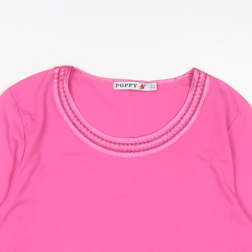Poppy Womens Pink Cotton Basic T-Shirt Size 12 V-Neck - Embroidered