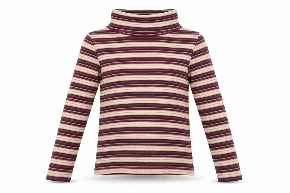 Front view of Next girls’ purple striped cotton basic t-shirt, size 5, years roll neck pullover
