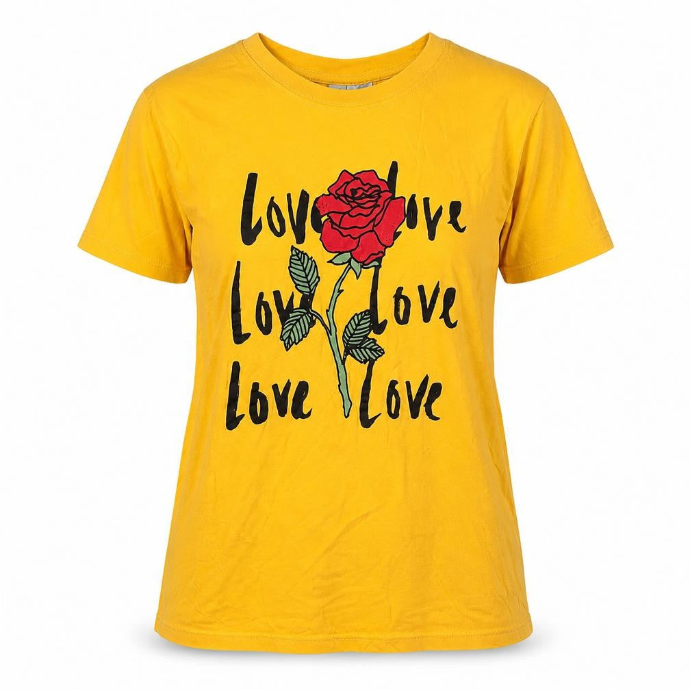 Front view of H&M women’s yellow cotton basic t-shirt, size S, crew neck