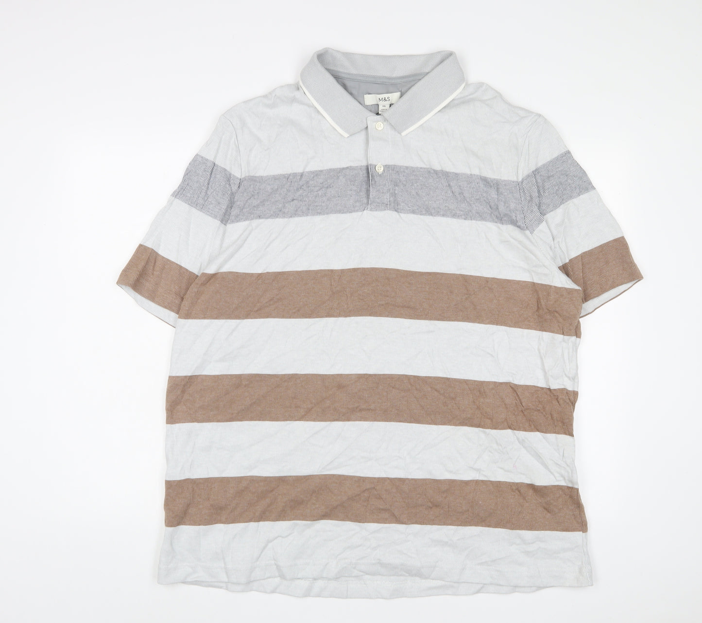 Marks and Spencer Mens Multicoloured Striped Cotton Polo Size 3XL Collared Button - Tall