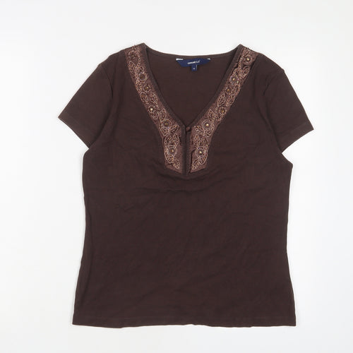 Casual Club Womens Brown Cotton Basic T-Shirt Size 14 V-Neck - Beaded, Sequins