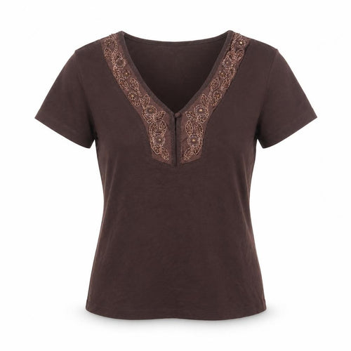 Casual Club Womens Brown Cotton Basic T-Shirt Size 14 V-Neck - Beaded, Sequins
