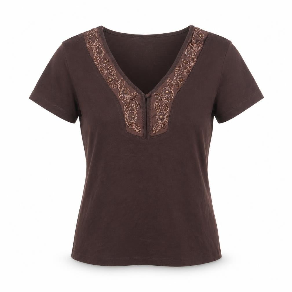 Casual Club Womens Brown Cotton Basic T-Shirt Size 14 V-Neck - Beaded, Sequins