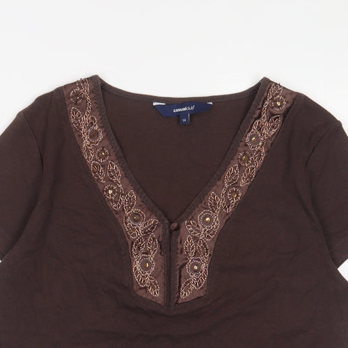 Casual Club Womens Brown Cotton Basic T-Shirt Size 14 V-Neck - Beaded, Sequins