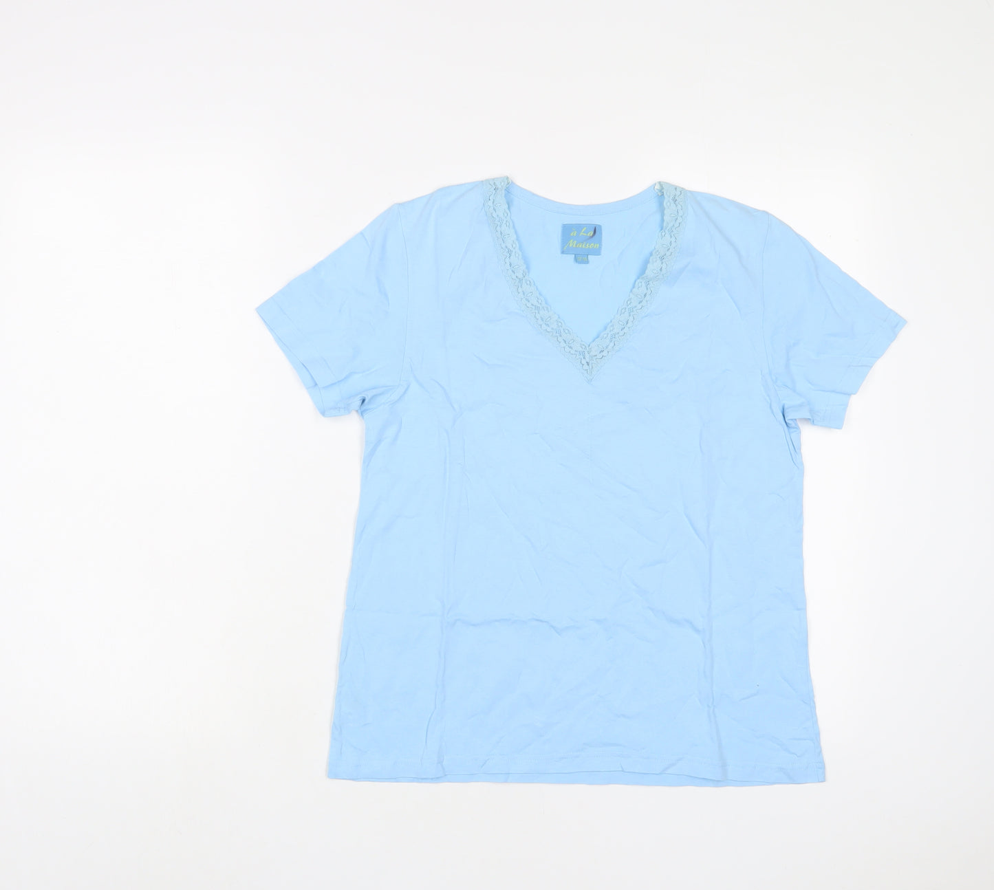 Maison Labiche Womens Blue Cotton Basic T-Shirt Size 12 V-Neck - Lace