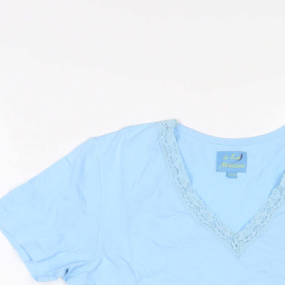 Maison Labiche Womens Blue Cotton Basic T-Shirt Size 12 V-Neck - Lace