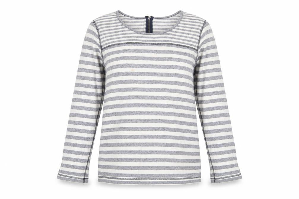 Front view of Paraphase women’s blue striped cotton basic t-shirt, size L, scoop neck