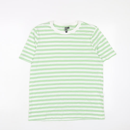 Pieces Womens Green Striped Cotton Basic T-Shirt Size M Crew Neck