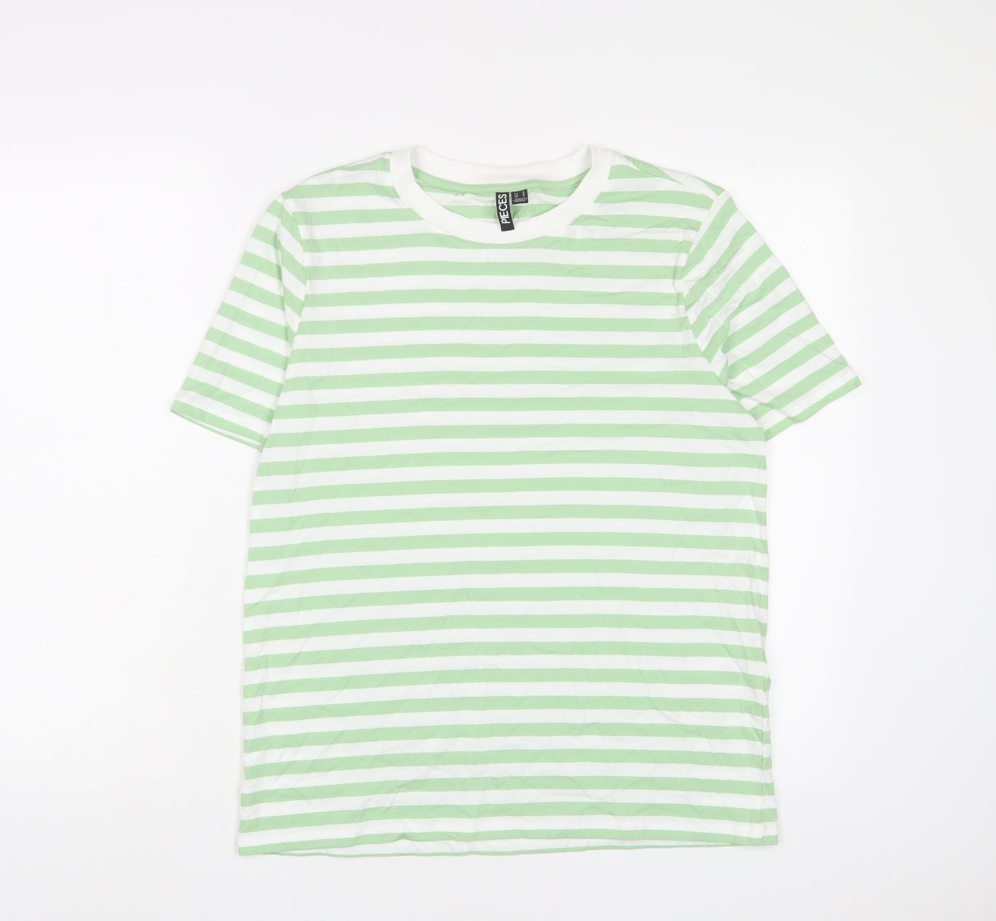 Pieces Womens Green Striped Cotton Basic T-Shirt Size M Crew Neck