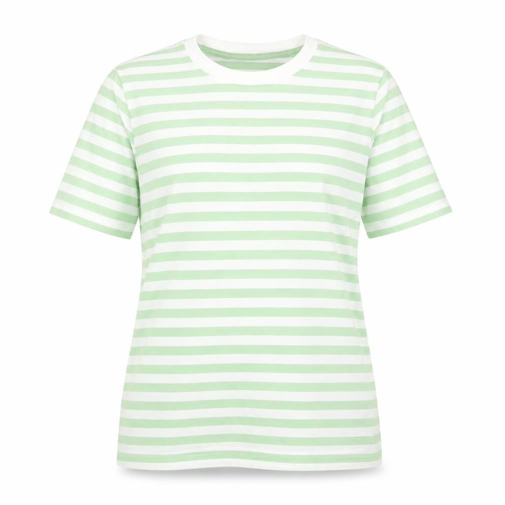 Front view of Pieces women’s green striped cotton basic t-shirt, size M, crew neck