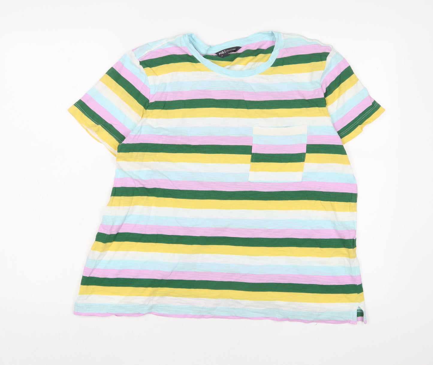Marks and Spencer Womens Multicoloured Striped Cotton Basic T-Shirt Size 14 Crew Neck