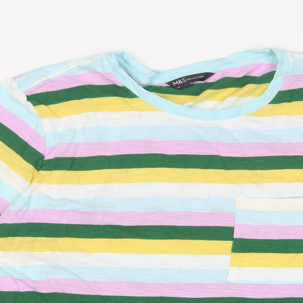 Marks and Spencer Womens Multicoloured Striped Cotton Basic T-Shirt Size 14 Crew Neck