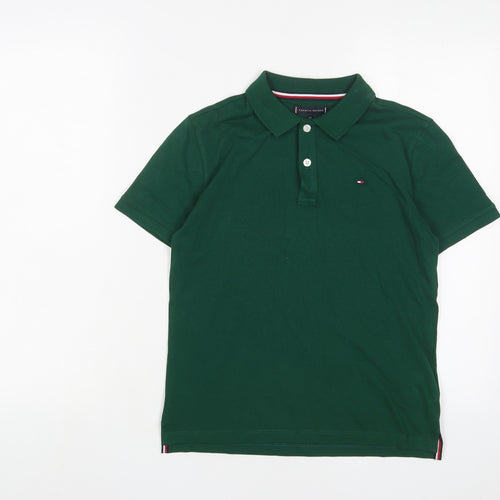 Tommy Hilfiger Boys Green Cotton Basic Polo Size 12 Years Collared Button - Logo, Embroidered