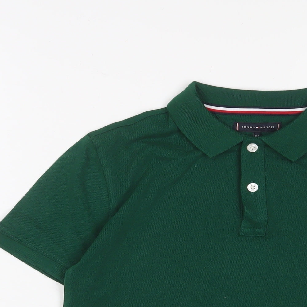 Tommy Hilfiger Boys Green Cotton Basic Polo Size 12 Years Collared Button - Logo, Embroidered