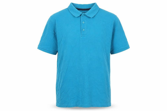 Front view of Originals men’s blue cotton polo, size L, collared button