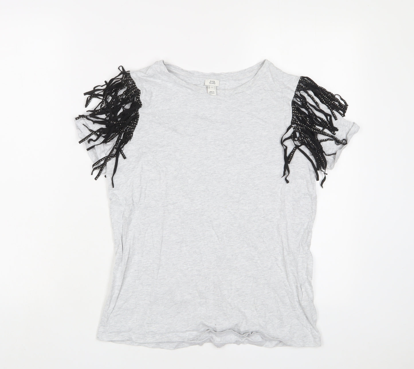 River Island Womens Grey Cotton Basic T-Shirt Size 8 Crew Neck - Tassled