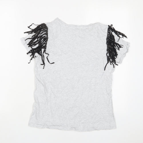 River Island Womens Grey Cotton Basic T-Shirt Size 8 Crew Neck - Tassled