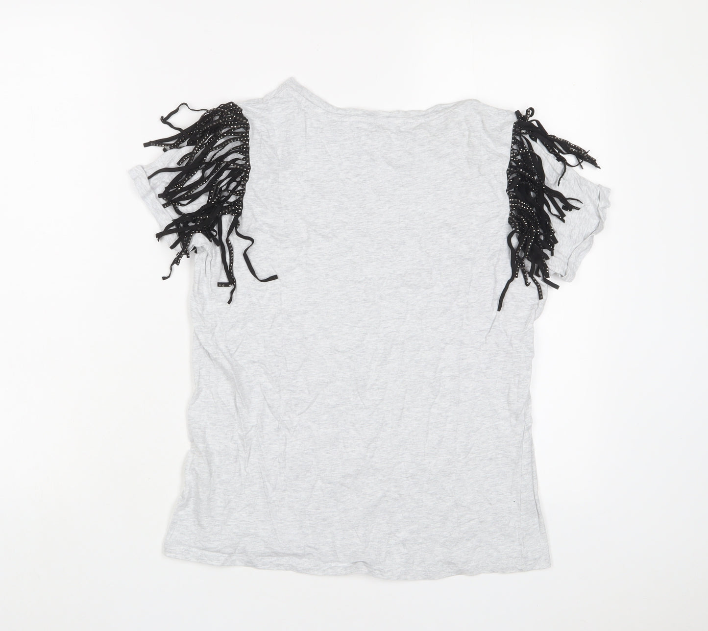 River Island Womens Grey Cotton Basic T-Shirt Size 8 Crew Neck - Tassled
