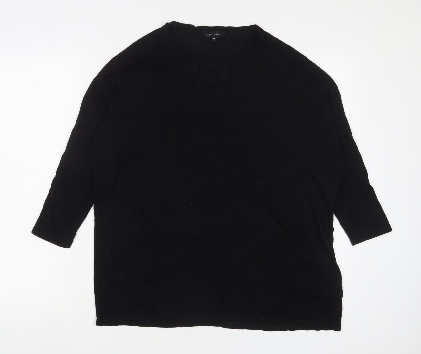 New Look Womens Black Viscose Basic T-Shirt Size 14 V-Neck - Keyhole neck
