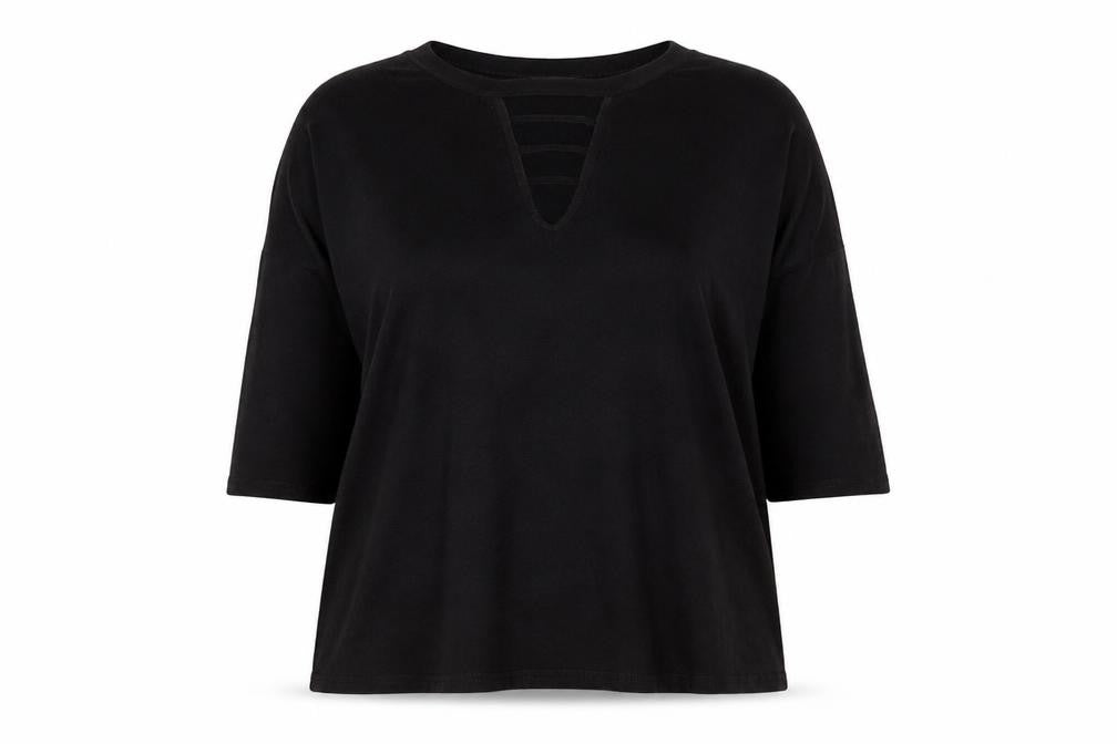 Front view of New Look women’s black viscose basic t-shirt, size UK 14, v-neck - keyhole neck