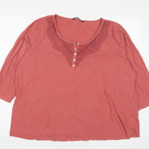 Bonmarché Womens Pink Cotton Basic T-Shirt Size 24 V-Neck - Embroidered