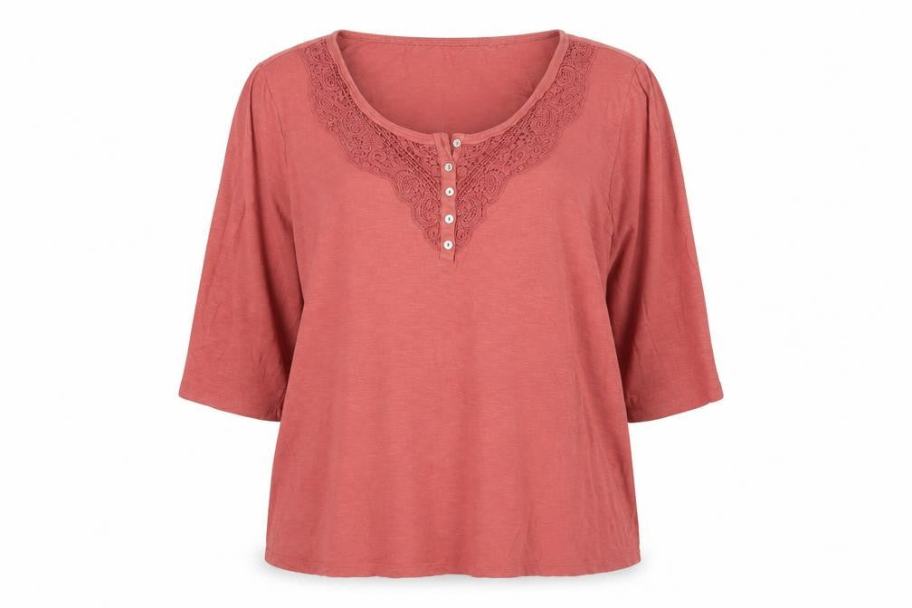 Front view of Bonmarché women’s pink cotton basic t-shirt, size UK 24, v-neck - embroidered