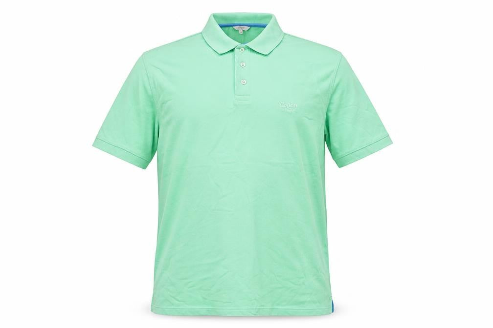 Front view of Cotton Traders men’s green cotton polo, size M, collared button - logo, embroidered