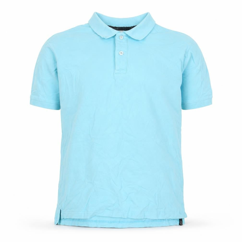 Front view of LAPASA men’s blue cotton polo, size M, collared button