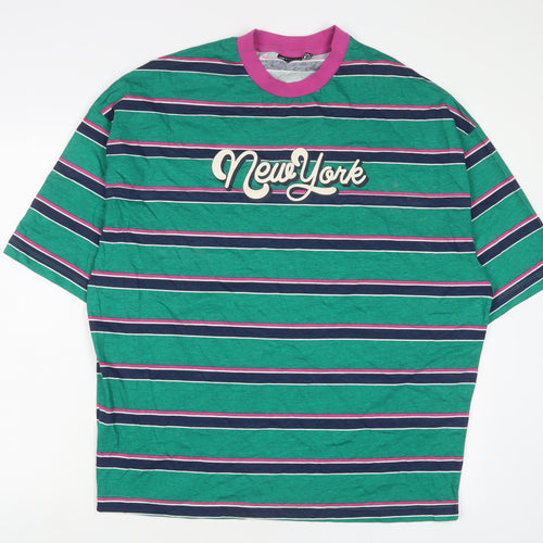 ASOS Mens Green Striped Cotton T-Shirt Size S Crew Neck - New York