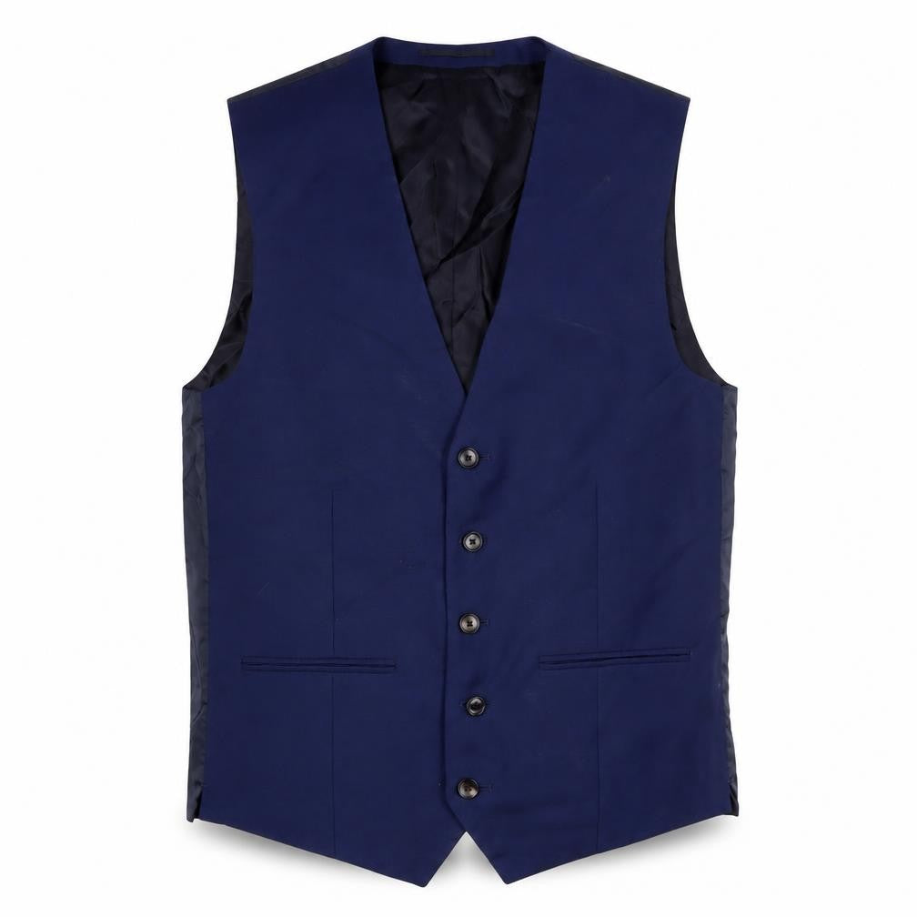 Front view of Next men’s blue wool jacket suit waistcoat, size 38, regular