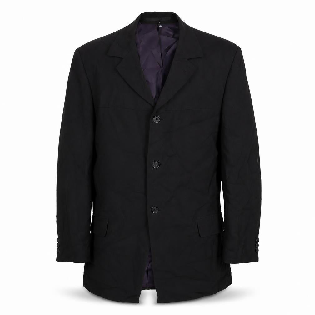 Front view of pinstripe' men’s black polyester jacket suit jacket, size 42, regular