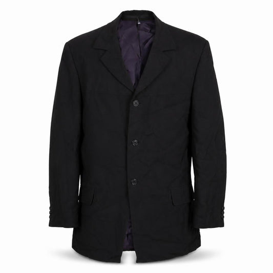 Front view of pinstripe' men’s black polyester jacket suit jacket, size 42, regular
