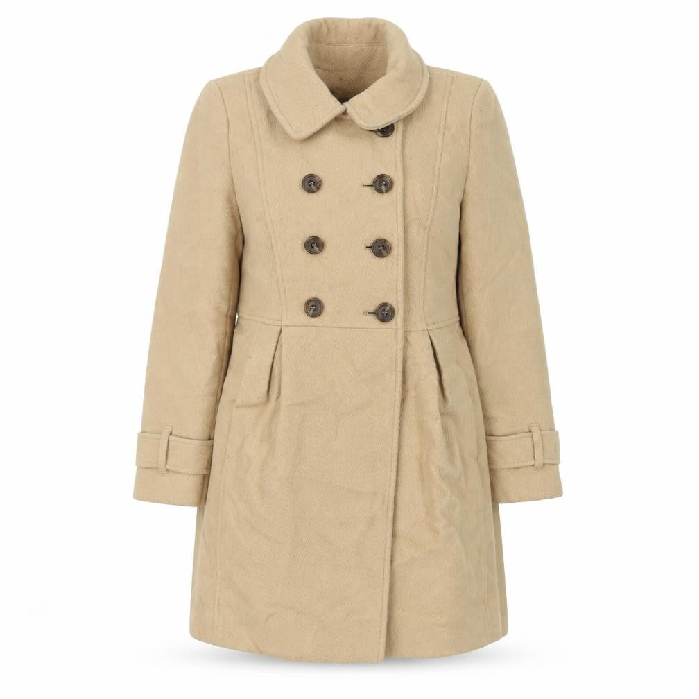 Front view of Marks & Spencer women’s beige overcoat coat, size UK 6, button