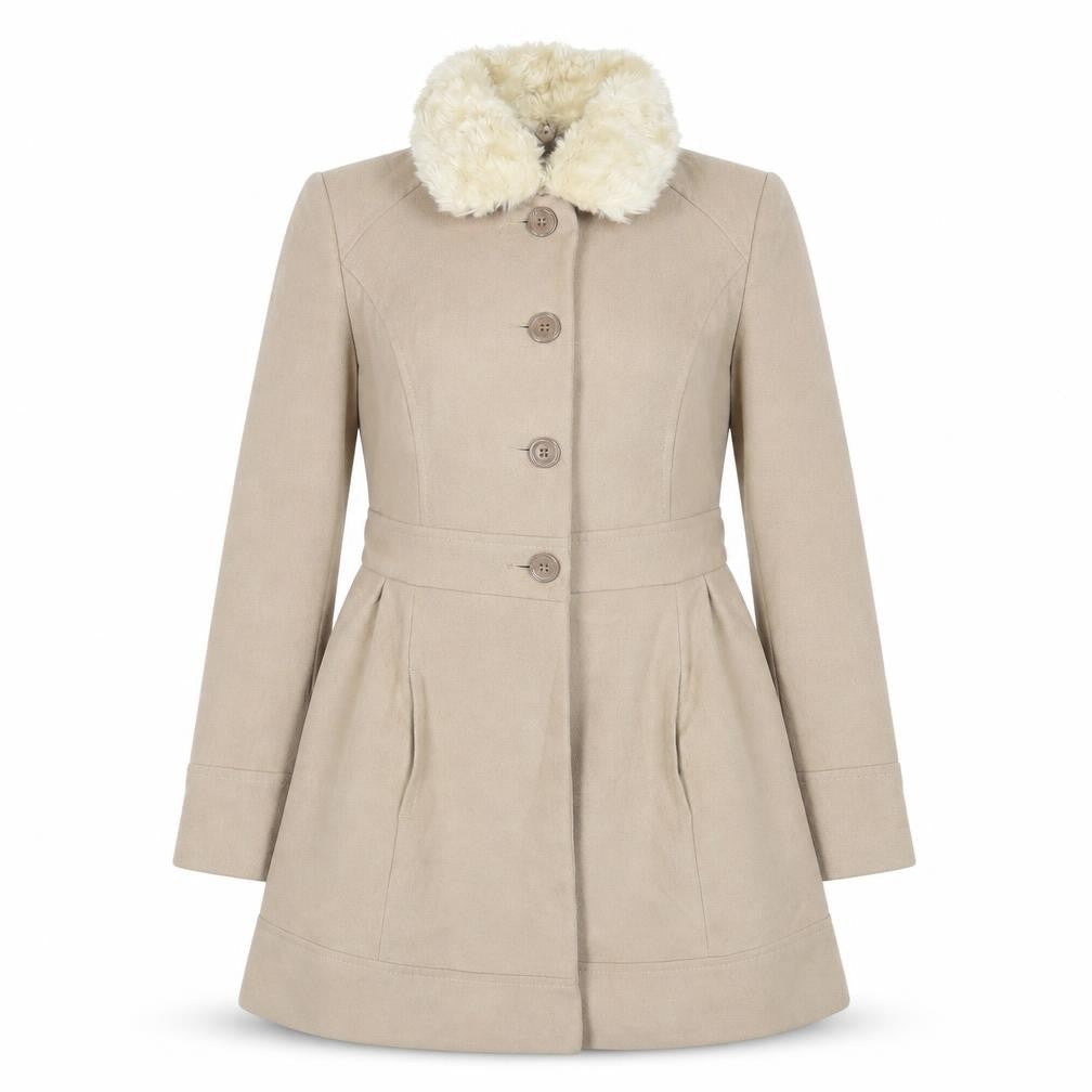 Front view of Dorothy Perkins women’s beige overcoat coat, size UK 12, button