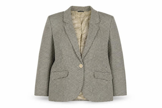 Front view of St Michael women’s beige jacket blazer, size UK 12, button