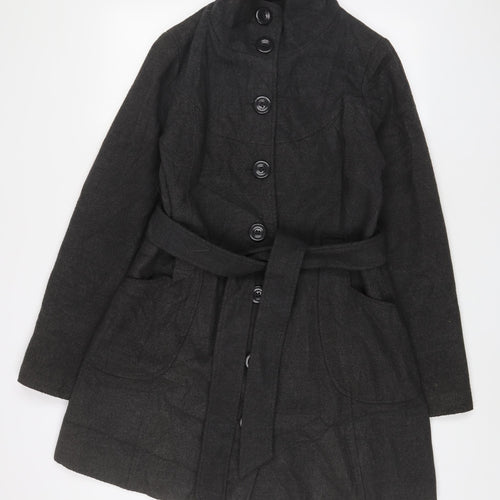 Miso Womens Grey Overcoat Coat Size 14 Button - Belted