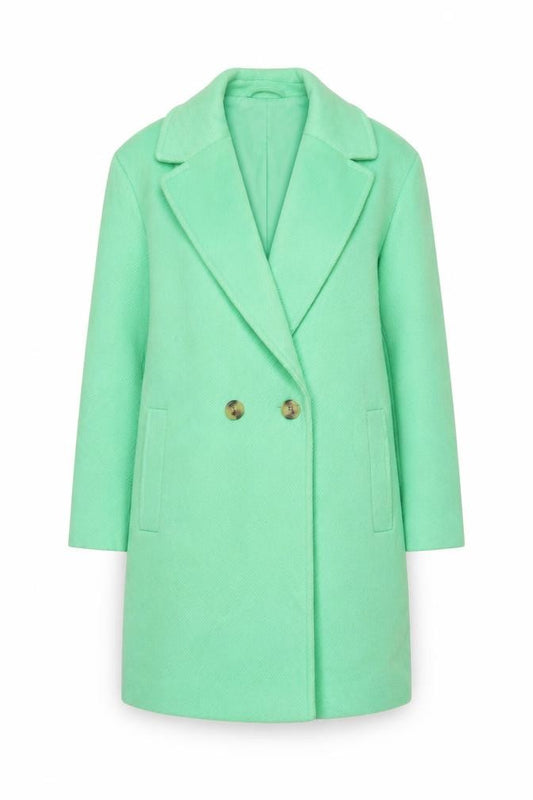 Front view of Marks & Spencer women’s green overcoat coat, size UK 14, button