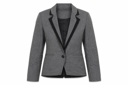 Front view of Warehouse women’s grey jacket blazer, size UK 10, button