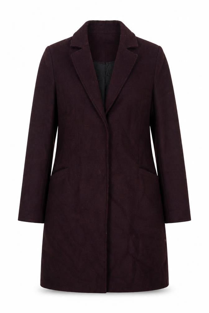Front view of Collection women’s purple overcoat coat, size UK 8, button