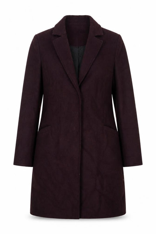 Front view of Collection women’s purple overcoat coat, size UK 8, button