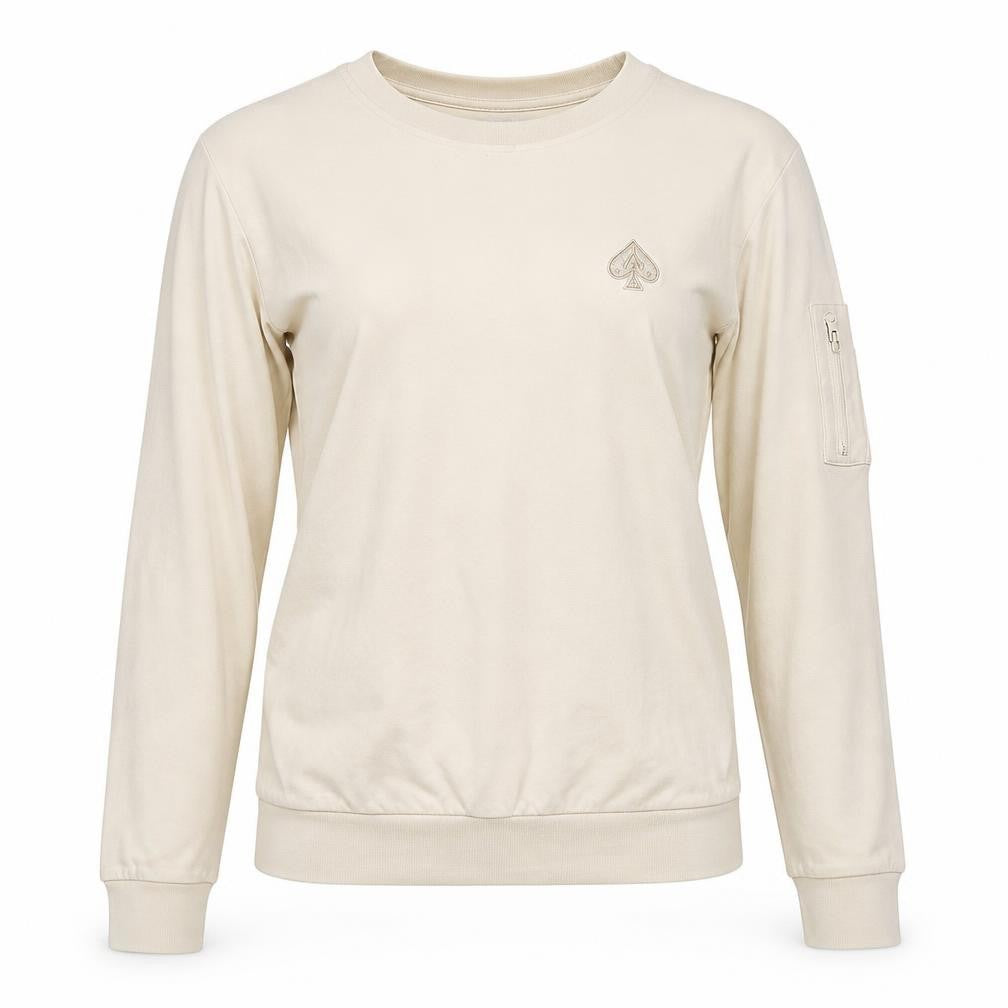 Front view of Acevestiti women’s beige cotton pullover sweatshirt, size S, pullover