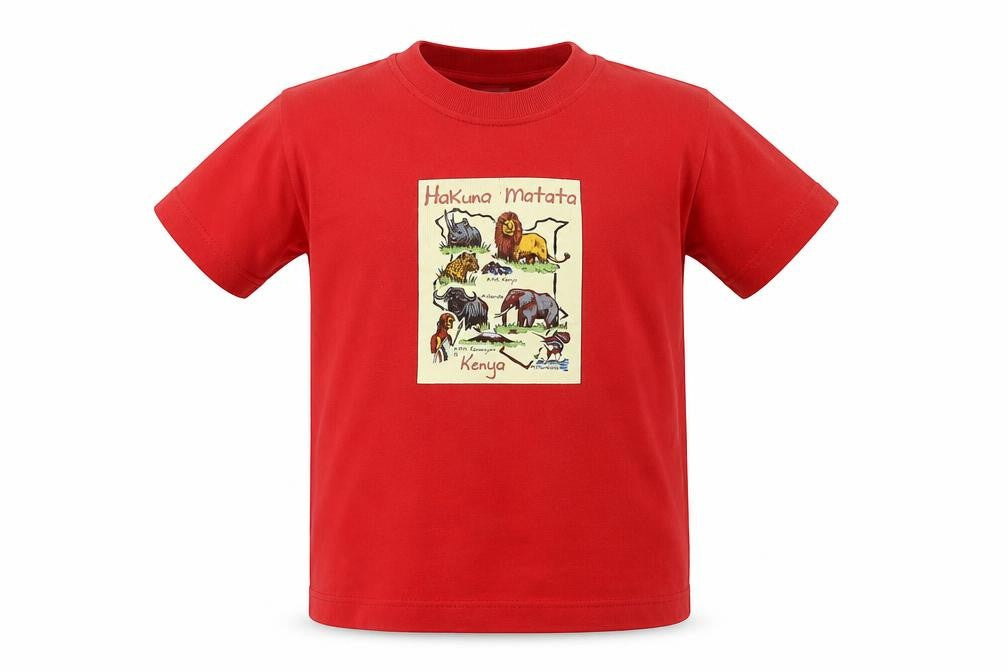 Front view of Airborne boys’ red cotton basic t-shirt, size 4-5, years round neck pullover - hakuna matata