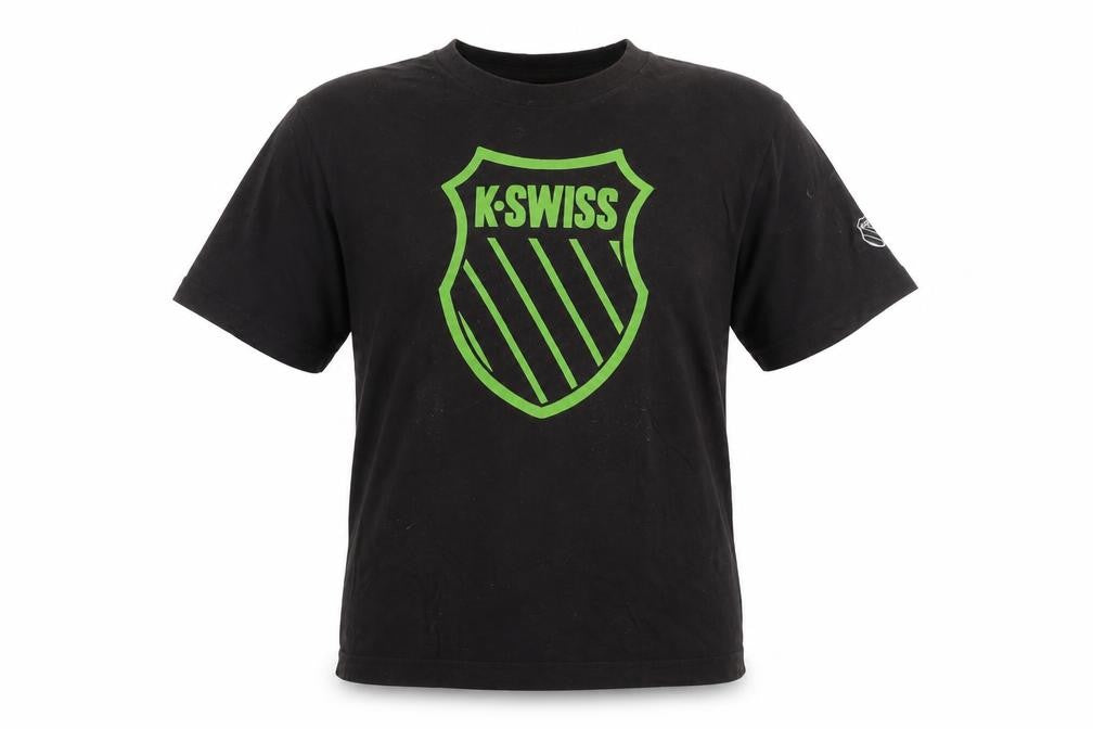 Front view of K-Swiss boys’ black cotton basic t-shirt, size 10, years round neck pullover - logo