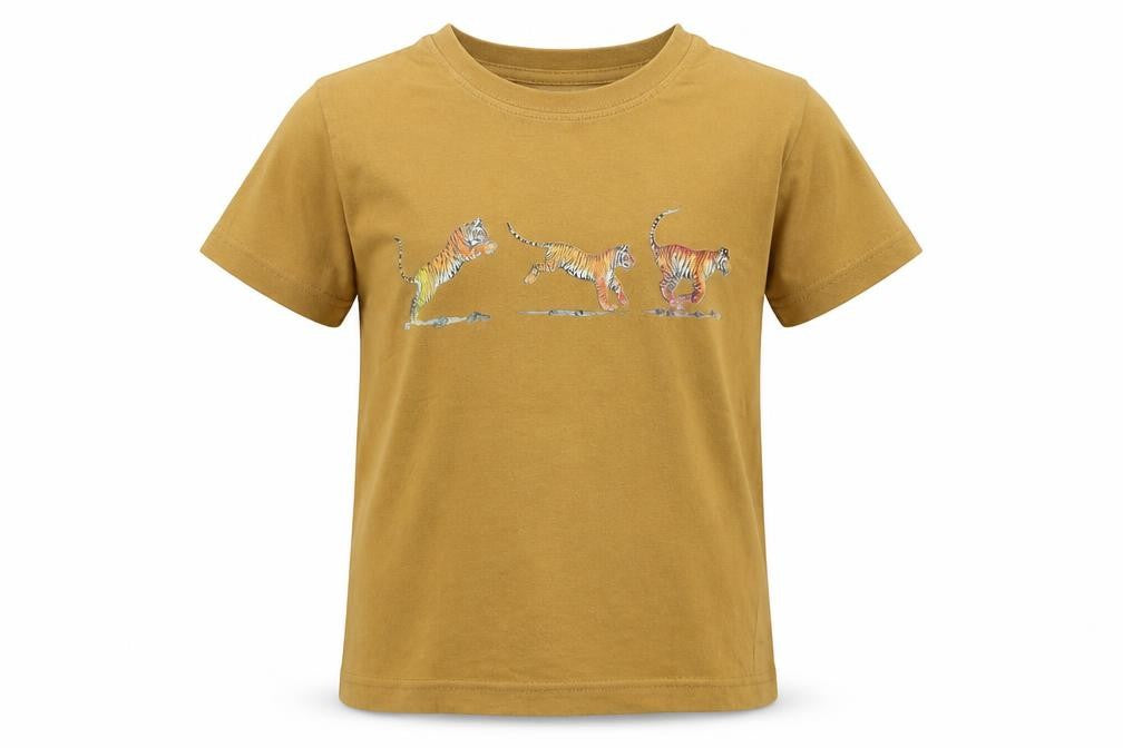 Front view of Wild Collection boys’ brown cotton basic t-shirt, size 6, years round neck pullover - tiger