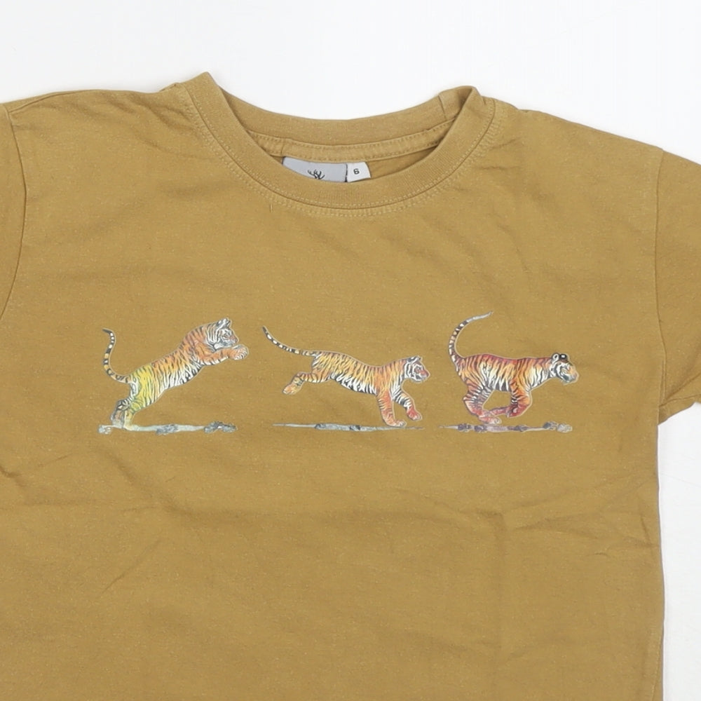 Wild Collection Boys Brown Cotton Basic T-Shirt Size 6 Years Round Neck Pullover - Tiger